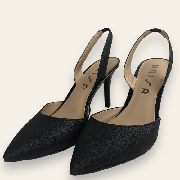 Unisa Elastic Slingback Black Matte Glitter Pointed Toe Heels Size 7 Goth Emo - Picture 2 of 11